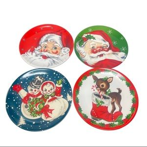 🎄NWT RETRO STYLE CERAMIC MR CHRISTMAS SET of 4 PLATES 2 Santa, Deer & Snowman
